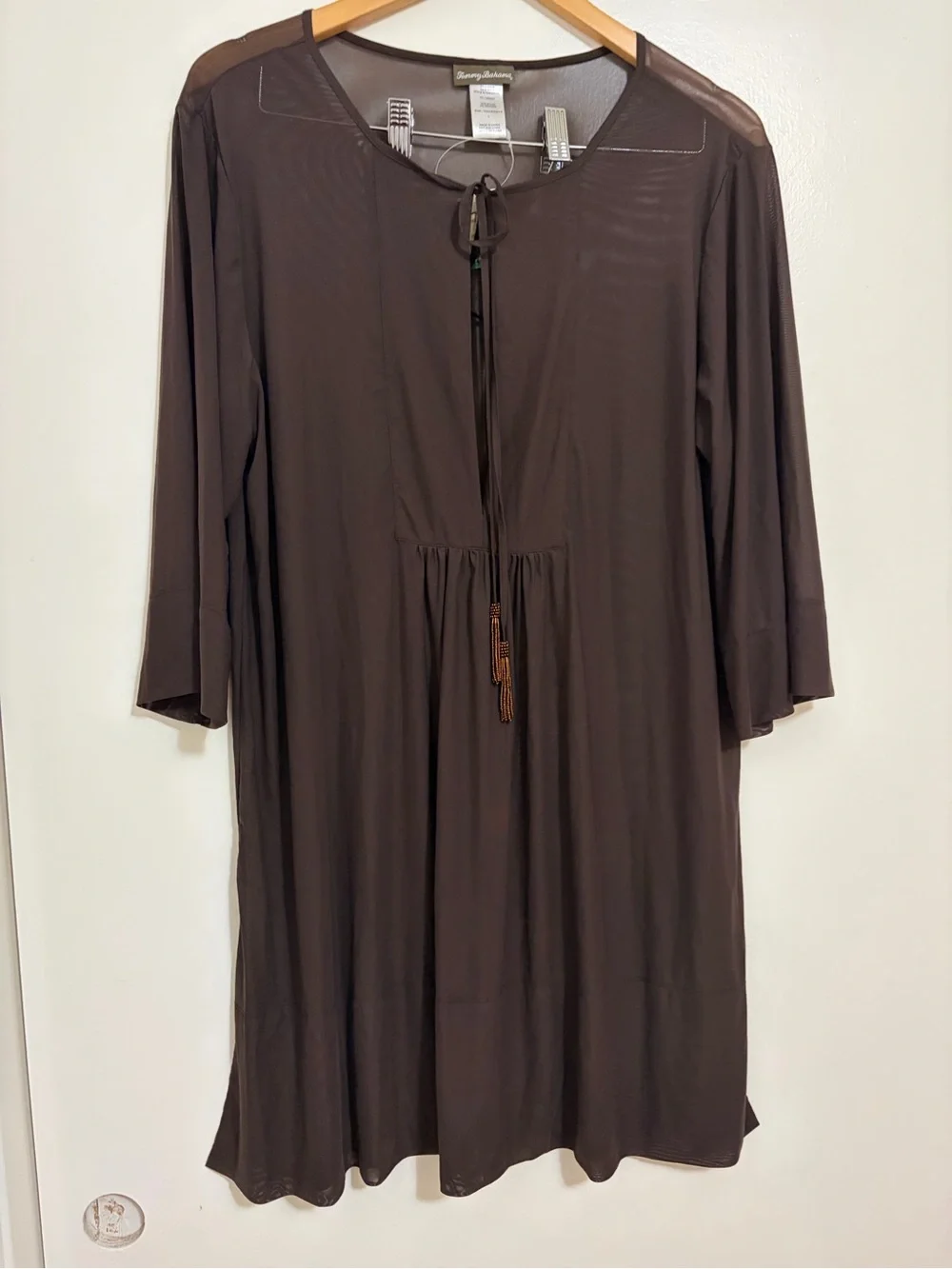 Tommy Bahama New Tule Long-Sleeve Tie-Front Swimsuit Cover In Double Chocolate - Picture 1 of 5